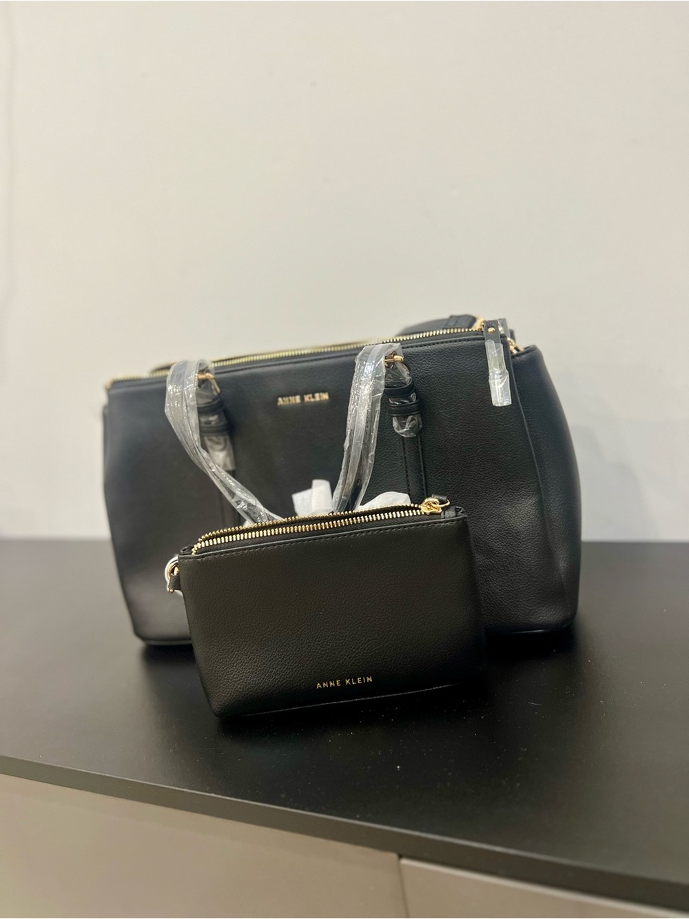 Anne Klein Black Pebbled Leather Tote with Matching Zip Pouch